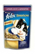 Влажный корм Felix Sensations для кошек (с Уткой в желе со Шпинатом, 85г)